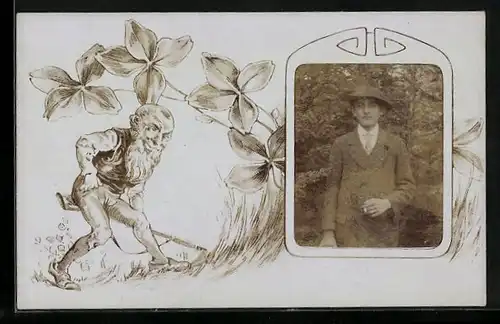 Foto-AK Herr im Anzug, Zwerg mit Flinte im Passepartout