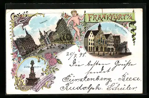 Lithographie Frankfurt a.M., Rossmarkt, Römer & Römerberg, Stoltze-Denkmal