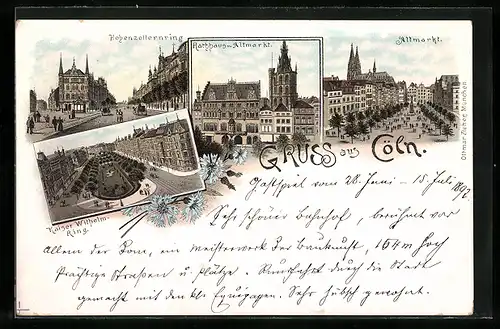 Lithographie Cöln, Hohenzollernring, Kaiser Wilhelm Ring, Rathaus, Altmarkt