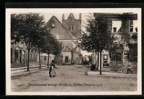 AK Soldau /Ostpreussen, Zerschossene evangl. Kirche