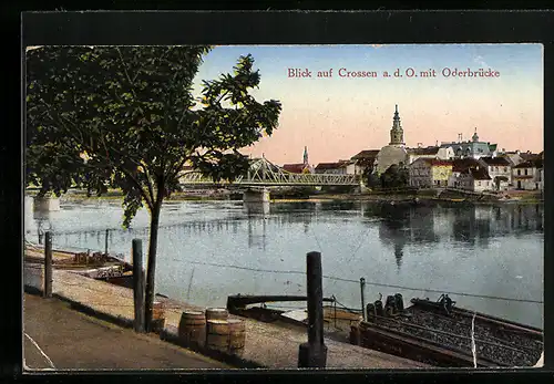 AK Crossen / Krosno Odrz, Blick auf den Ort mit Oderbrücke