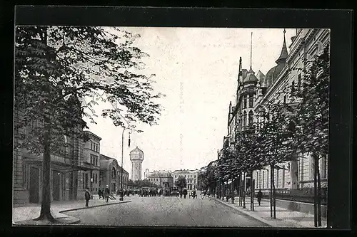 AK Kattowitz, Bahnhofstrasse mit neuem Wasserturm