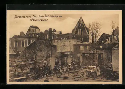 AK Ortelsburg, Zerschossene Ortschaft bei Ortelsburg