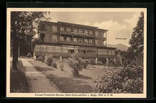 AK Ober-Steinseiffen /Rsgb., Kaiser-Friedrich-Baude mit Garten und Schneekoppe