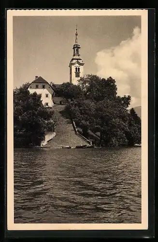 AK Bled, Haus, Kirche und Freitreppe am Ufer