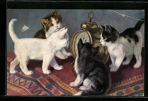AK Katzenkinder mit einem Wecker