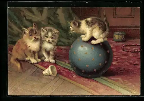 Lithographie Drei kleine Katzen mit einem grossem Ball