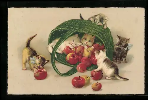 Lithographie Katzenkinder mit einem Apfelkorb