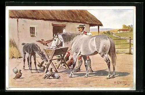 AK Landwirt mit Stute und Fohlen an der Krippe