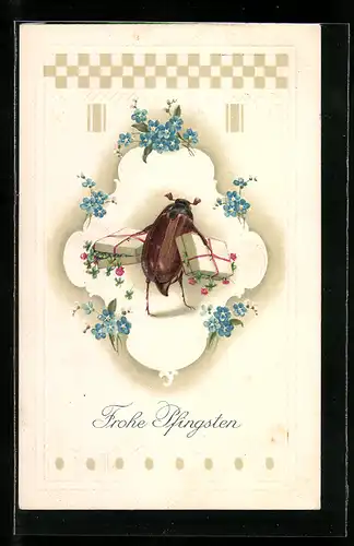 AK Maikäfer trägt Schachteln voll Rosen, Vergissmeinnicht, Pfingsten