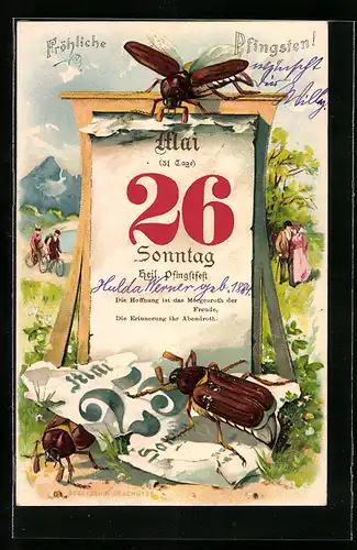 Lithographie Maikäfer um Kalender in Landschaft mit Ausflüglern, Pfingstgruss