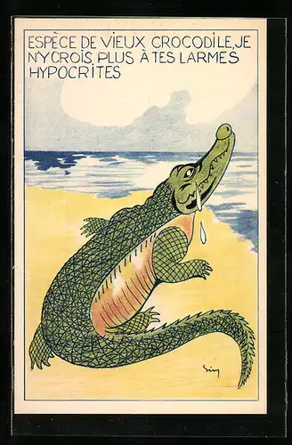 AK Krokodil weint Krokodilstränen am Meer
