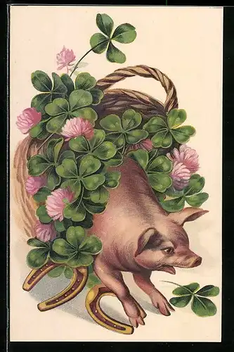 Lithographie Schwein springt aus einem Korb mit Glücksklee