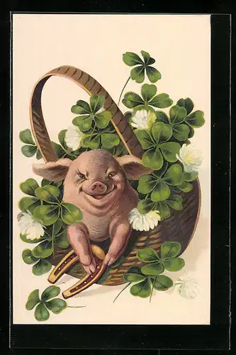 Lithographie Schwein in einem Korb mit Glücksklee