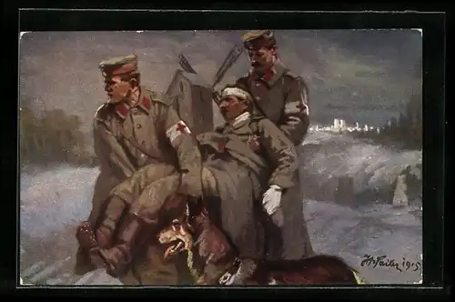 AK Zwei Soldaten und Sanitätshund beim Bergen eines verwundeten Kameraden