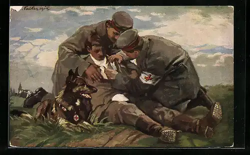 AK Vom Sanitätshund aufgespürter Verwundeter wird verbunden