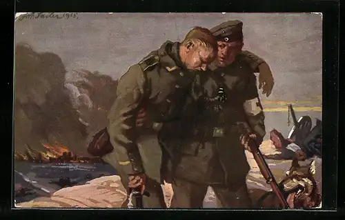 AK Soldat mit Sanitätshund und Verwundetem vor brennenden Gebäuden