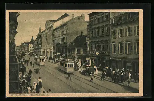 AK Karlsruhe, Strassenbahnen auf der Kaiserstrasse