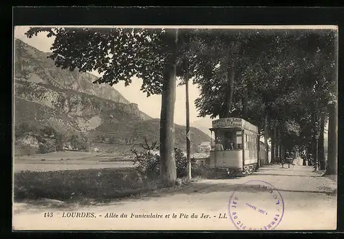 AK Lourdes, Allée du Funiculaire et le Pie du Jer, Strassenbahn