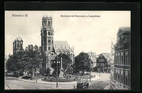 AK Münster i. W., Strassenbahn auf dem Marienplatz mit Mariensäule u. Ludgerikirche