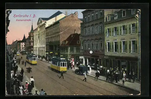 AK Karlsruhe i. B., Strassenbahnen auf der Kaiserstrasse