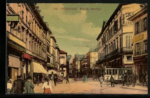 AK Mulhouse, Rue du Sauvage, Strassenbahn