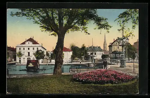 AK Mülhausen i. Els, Partie am Kanal, Strassenbahn