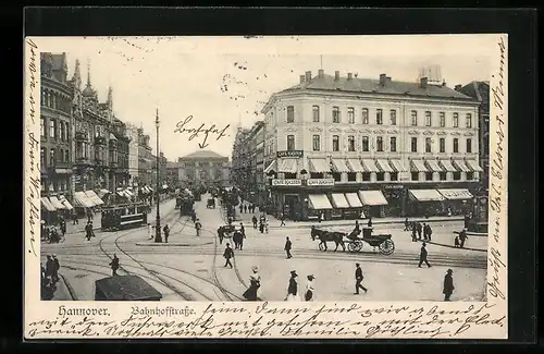 AK Hannover, Cafe Kasten in der Bahnhofstrasse mit Strassenbahn