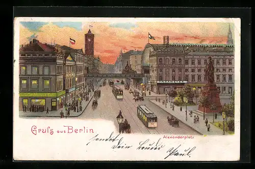 Lithographie Berlin, Alexanderplatz mit Strassenbahnen und Passanten
