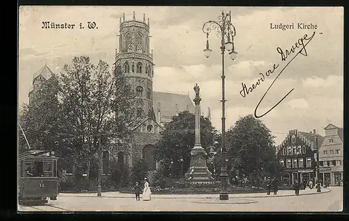 AK Münster i. W., Strassenbahn vor der Ludgeri Kirche