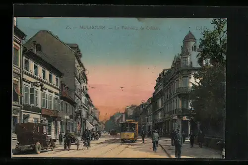 AK Mulhouse, Le Faubourg de Colmar, Strassenbahn