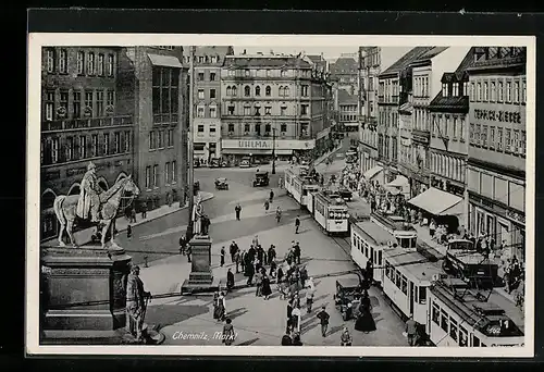 AK Chemnitz, Strassenbahnen auf dem Marktplatz