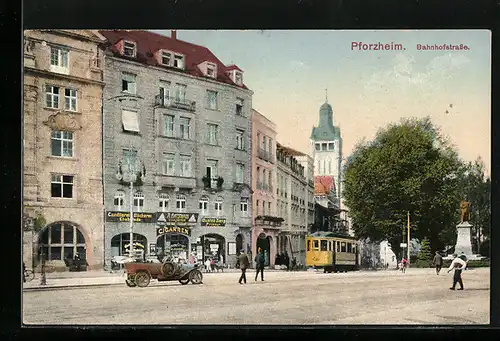 AK Pforzheim, Conditorei und Strassenbahn in der Bahnhofstrasse