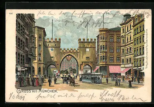 Lithographie München, Strassenpartie mit Strassenbahn und Blick auf Karlstor