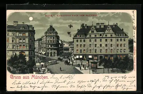 Lithographie München, Blick vom Karlsthor nach dem Bahnhof
