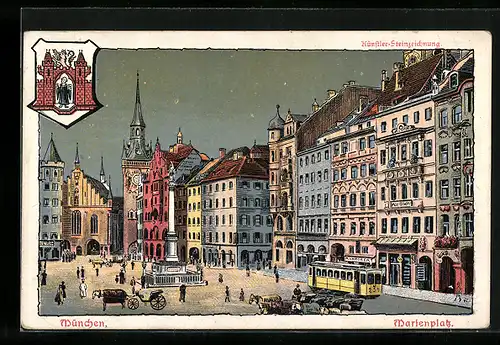 Künstler-AK München, Strassenbahn am Marienplatz