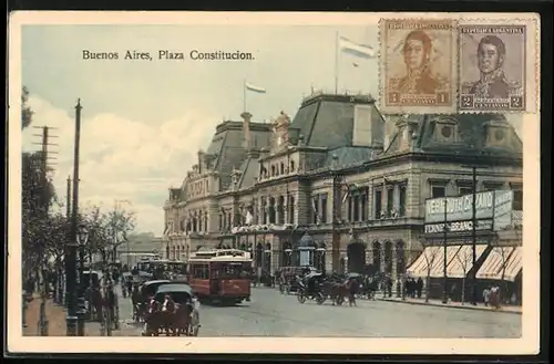 AK Buenos Aires, Plaza Constitution, Strassenbahn, Pferdekutsche