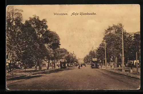 AK Warszawa, Aleja Ujazdowska, Strassenbahn