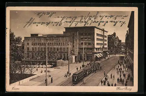 AK Essen, Haus Burg mit Strassenbahn