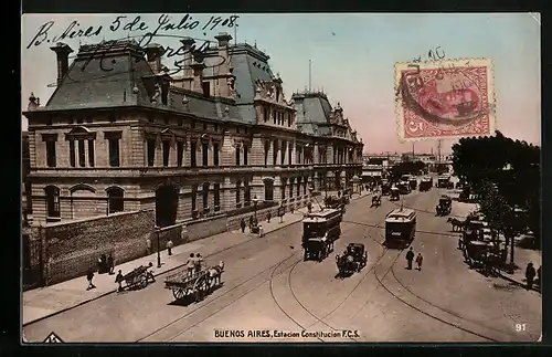 AK Buenos Aires, Estacion Constitucion F. C. S. mit Strassenbahn