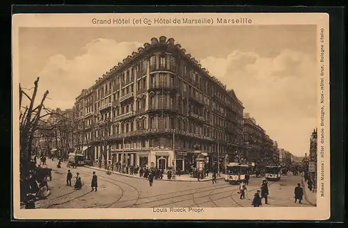 AK Marseille, Grand Hôtel et Gd. Hôtel de Marseille, Strassenbahn