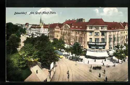 AK Düsseldorf, Corso-Cabaret am Graf-Adolf-Platz mit Strassenbahn