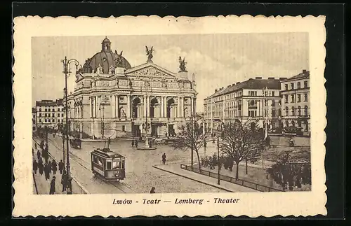 AK Lemberg, Theater mit Strassenbahn