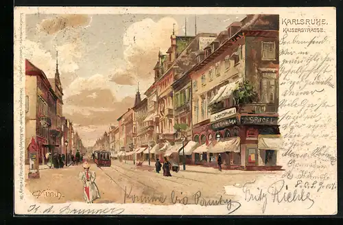 Künstler-AK Carl Münch: Karlsruhe, Strassenbahn auf der Kaiserstrasse