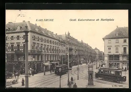 AK Karlsruhe, Oestl. Kaiserstrasse ab Marktplatz, Strassenbahn
