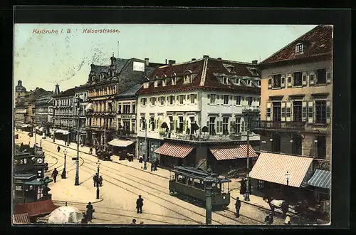 AK Karlsruhe i. B., Kaiserstrasse mit Strassenbahn