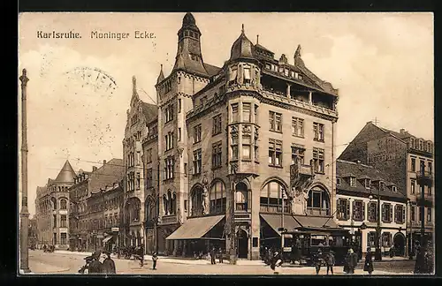 AK Karlsruhe, Strassenbahn an der Moninger Ecke