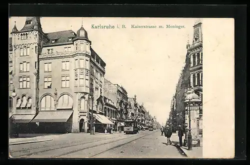 AK Karlsruhe i. B., Kaiserstrasse mit Moninger und Strassenbahn