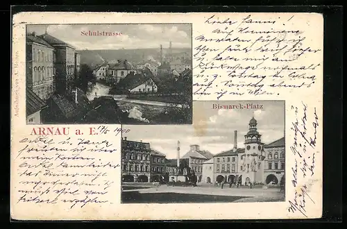 AK Arnau a. E., Bismarck-Platz, Schulstrasse