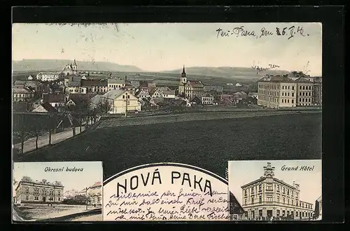 AK Nová Paka, Panorama, Grand Hotel, Okresní budova